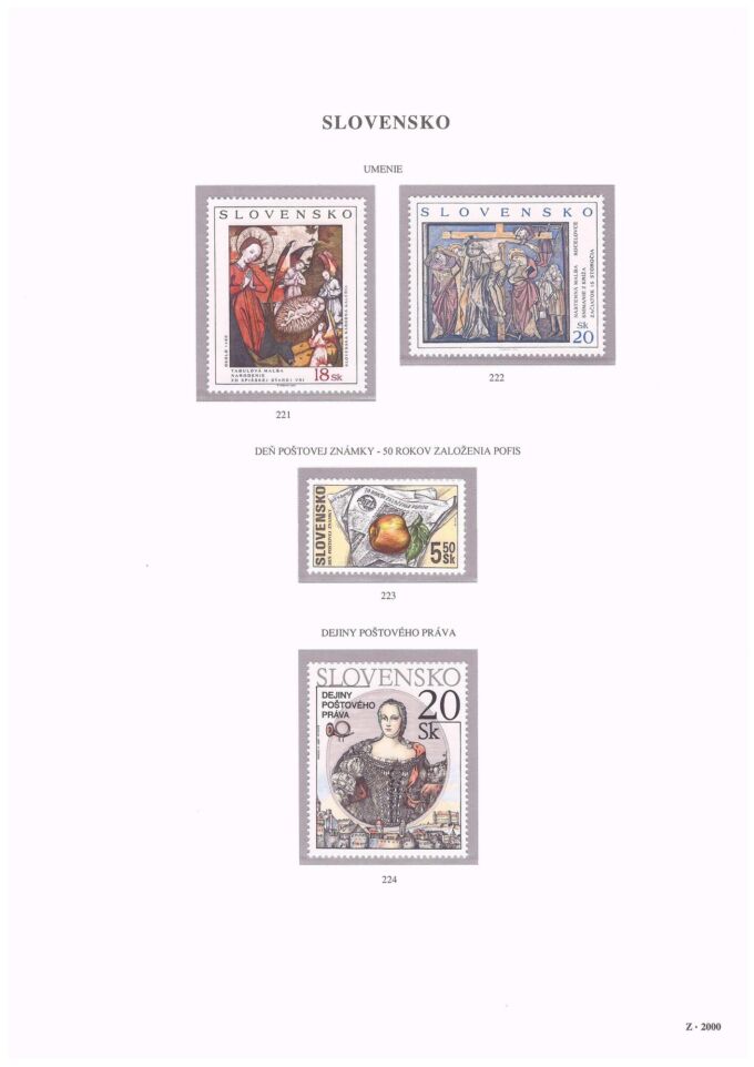 Slovenská republika 2000. Kompletná generálna zbierka známok, rok 2000 + albumové listy - základný variant.