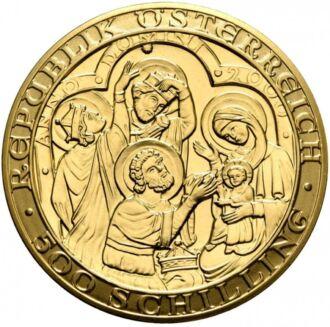 500 Schilling 2000 - Birth of Jesus Christ
2000 rokov kresťanstva – Narodenie Ježiša Krista
Táto rakúska pamätná minca pripomína 2000 rokov kresťanstva a pochádza od výrobcu Austrian Mint.
Pri príležitosti tohto jubilejného roku bola vydaná s názvom „Narodenie Krista“. Minca je uznávaná ako zákonné platidlo aj v Rakúskej republike.
Na lícnej strane zobrazuje Ježiša Nazaretského v čelnom pohľade s roztiahnutými rukami. V ľavej ruke drží knihu, tri prsty zdvihnutej pravej ruky má vystreté. Nosí zložené voľné rúcho so zdobeným sťahovacím golierom a hlavu mu obopína nimbus s krížom. Toto je ikonograficky kodifikovaný postoj Krista ako vládcu sveta.