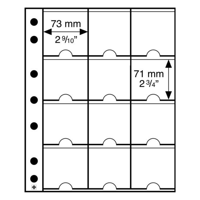 Albumové listy GRANDE vyrobené z číreho syntetického materiálu s 12 vreckami na uloženie veľkých držiakov na mince 67x67mm.
Listy zodpovedajúce zakladačom GRANDE.
Celkový rozmer: 240 x 312 mm
Veľkosť vrecka: 73 x 71 mm