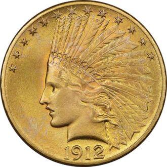 10 Dollar Eagle "Indian Head" 1908 - 1933 (Rôzny ročník)
Orol v hodnote 10 dolárov z rokov 1908-1933 navrhol slávny sochár Augustus Saint-Gaudens a má slávny dizajn „Indian Head“, čo je busta  Liberty s čelenkou v indiánskom štýle.
Prezident Theodore Roosevelt poveril umelca Saint-Gaudens, aby priniesol minciam nový život a pomohol americkému programu razenia zlatých mincí, pretože chcel, aby sa umenie vrátilo do mincí národa. Dá sa s istotou povedať, že Rooseveltov cieľ bol splnený, pretože slávny motív „Indiánskej hlavy“ znamenal oživenie amerického razenia mincí.
Ďalšou zmenou, ktorú prezident Roosevelt navrhol, bolo odstrániť z mince nápis „VERÍME V BOHA“, pretože sa domnieval, že umiestnenie Božieho mena na peniaze bolo rúhanie. Kongres však jeho návrh zamietol a meno božstva sa vrátilo na mincu počas trvania výroby mince až do roku 1933.