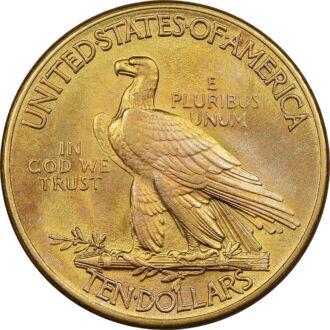 10 Dollar Eagle "Indian Head" 1908 - 1933 (Rôzny ročník)
Orol v hodnote 10 dolárov z rokov 1908-1933 navrhol slávny sochár Augustus Saint-Gaudens a má slávny dizajn „Indian Head“, čo je busta  Liberty s čelenkou v indiánskom štýle.
Prezident Theodore Roosevelt poveril umelca Saint-Gaudens, aby priniesol minciam nový život a pomohol americkému programu razenia zlatých mincí, pretože chcel, aby sa umenie vrátilo do mincí národa. Dá sa s istotou povedať, že Rooseveltov cieľ bol splnený, pretože slávny motív „Indiánskej hlavy“ znamenal oživenie amerického razenia mincí.
Ďalšou zmenou, ktorú prezident Roosevelt navrhol, bolo odstrániť z mince nápis „VERÍME V BOHA“, pretože sa domnieval, že umiestnenie Božieho mena na peniaze bolo rúhanie. Kongres však jeho návrh zamietol a meno božstva sa vrátilo na mincu počas trvania výroby mince až do roku 1933.