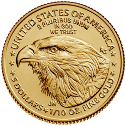 Minca American Eagle 2024 je razená americkou mincovňou z jednej desatiny unce zlata v UNC kvalite.
Na motíve je Lady Liberty kráčajúca sebavedomo proti slnečným lúčom. V pravej ruke drží pochodeň a v ľavej olivovú ratolesť, ktorá symbolizuje mier. Na rube je vyobrazený americký orol bielohlavý.
Nový dizajn vytvorila Jennie Norris a zobrazuje pôsobivý detailný portrét orla, ktorý je obklopený nápismi "SPOJENÉ ŠTÁTY AMERICKÉ" a "1/10 OZ. FINE GOLD - 5 DOLLARS".
Populárna minca American Gold Eagle s novým dizajnom je dodávaná voľne – bez obalu.