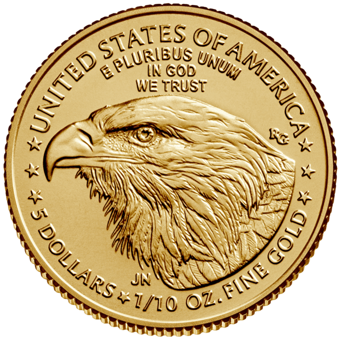 Minca American Eagle 2024 je razená americkou mincovňou z jednej desatiny unce zlata v UNC kvalite.
Na motíve je Lady Liberty kráčajúca sebavedomo proti slnečným lúčom. V pravej ruke drží pochodeň a v ľavej olivovú ratolesť, ktorá symbolizuje mier. Na rube je vyobrazený americký orol bielohlavý.
Nový dizajn vytvorila Jennie Norris a zobrazuje pôsobivý detailný portrét orla, ktorý je obklopený nápismi "SPOJENÉ ŠTÁTY AMERICKÉ" a "1/10 OZ. FINE GOLD - 5 DOLLARS".
Populárna minca American Gold Eagle s novým dizajnom je dodávaná voľne – bez obalu.