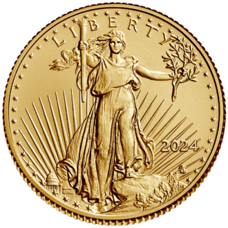 Minca American Eagle 2024 je razená americkou mincovňou z jednej desatiny unce zlata v UNC kvalite.
Na motíve je Lady Liberty kráčajúca sebavedomo proti slnečným lúčom. V pravej ruke drží pochodeň a v ľavej olivovú ratolesť, ktorá symbolizuje mier. Na rube je vyobrazený americký orol bielohlavý.
Nový dizajn vytvorila Jennie Norris a zobrazuje pôsobivý detailný portrét orla, ktorý je obklopený nápismi "SPOJENÉ ŠTÁTY AMERICKÉ" a "1/10 OZ. FINE GOLD - 5 DOLLARS".
Populárna minca American Gold Eagle s novým dizajnom je dodávaná voľne – bez obalu.