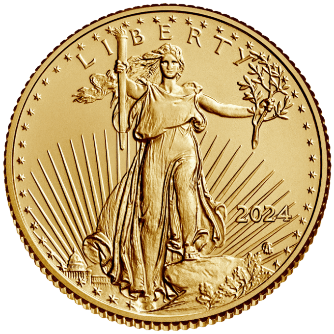 Minca American Eagle 2024 je razená americkou mincovňou z jednej desatiny unce zlata v UNC kvalite.
Na motíve je Lady Liberty kráčajúca sebavedomo proti slnečným lúčom. V pravej ruke drží pochodeň a v ľavej olivovú ratolesť, ktorá symbolizuje mier. Na rube je vyobrazený americký orol bielohlavý.
Nový dizajn vytvorila Jennie Norris a zobrazuje pôsobivý detailný portrét orla, ktorý je obklopený nápismi "SPOJENÉ ŠTÁTY AMERICKÉ" a "1/10 OZ. FINE GOLD - 5 DOLLARS".
Populárna minca American Gold Eagle s novým dizajnom je dodávaná voľne – bez obalu.