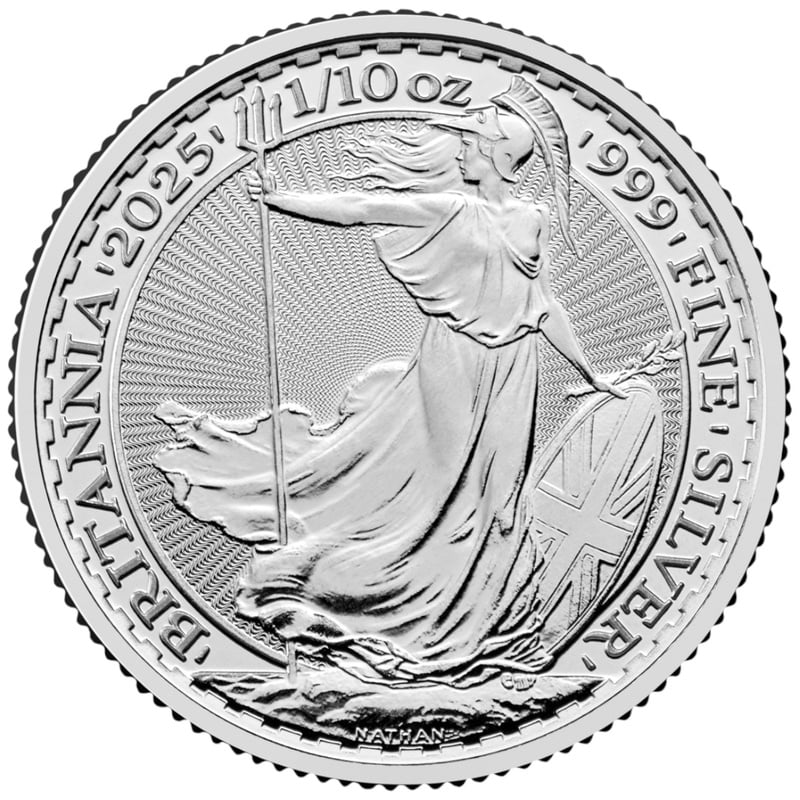 Minca Britannia 1/10oz, ročník 2025 je vyrazená Britskou kráľovskou mincovňou z 1/10 unce 999% rýdzeho striebra.
Ženská postava v brnení je symbolom vlastenectva krajiny. Motív je obklopený nápismi "Britannia 2025" a "1/10 OZ 999 FINE SILVER". 
Minca sa dodáva voľne. V tube je 16 ks mincí.
Minca obsahuje inovatívnu bezpečnostnú technológiu, ktorá z nej robí vizuálne najbezpečnejšiu zlatú a striebornú mincu na svete.
V ľavej dolnej časti návrhu, pod splývavými šatami Britannie, predstavuje trojzubec jej námornú históriu a silu. Keď pozorovateľ zmení perspektívu, tento trojzubec sa stane visiacim zámkom, ktorý zdôrazňuje bezpečnú povahu mince. Povrchová animácia odráža pohyb vĺn a jemné detaily, ako napríklad vlajka Únie na štíte Britannie, boli starostlivo zvýraznené v tejto zlatej povrchovej úprave mince. Tieto pridané bezpečnostné prvky zdobia a chránia mincu, rovnako ako mikrotext, ktorý lemuje dizajn, uvádza – „Decus et Tutamen“, čo v preklade znamená „Ozdoba a ochrana“.