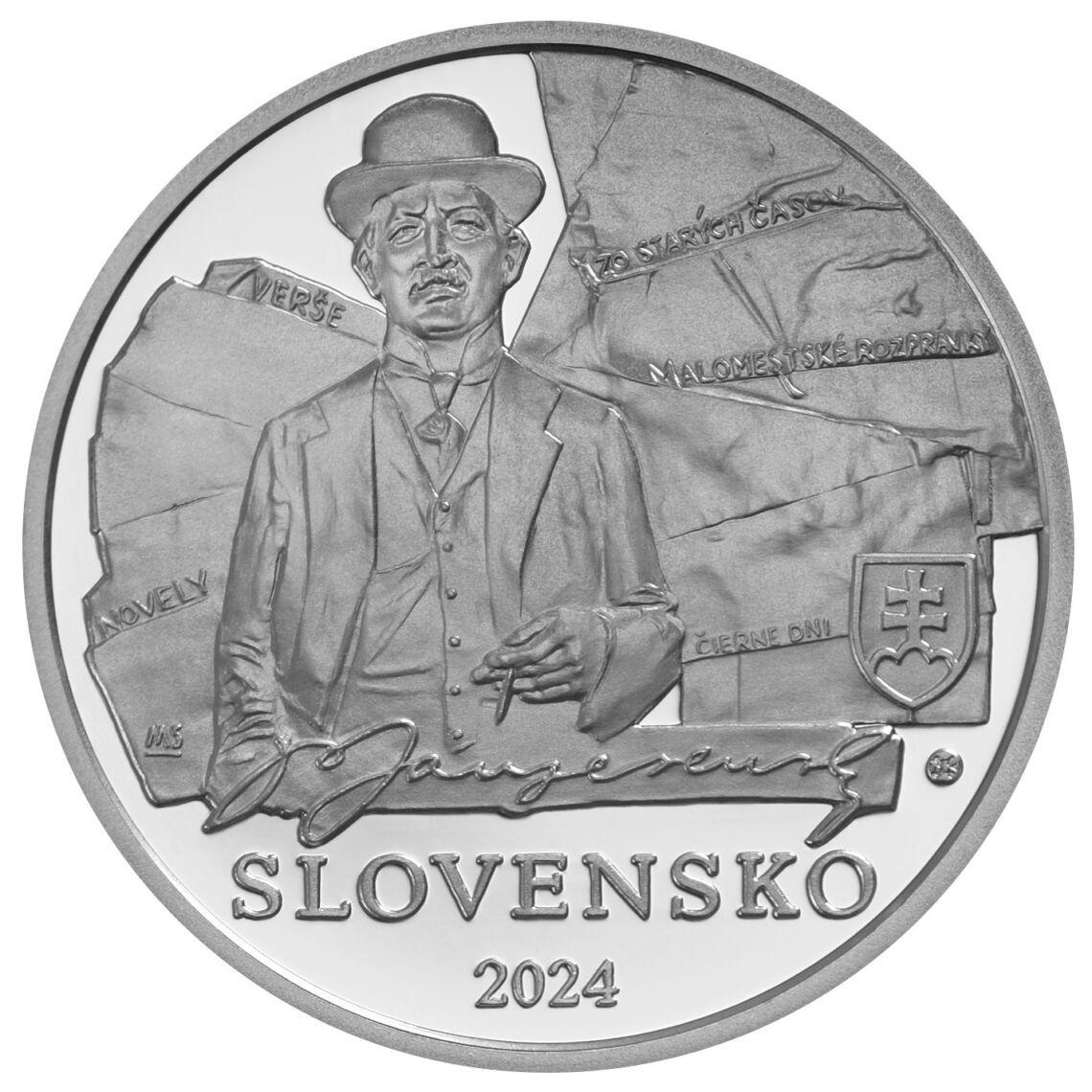 150. výročie narodenia Janka Jesenského
Strieborná zberateľská eurominca v nominálnej hodnote 10 eur
Janko Jesenský (30. 12. 1874 – 27. 12. 1945) bol všestrannou literárnou a spoločensky angažovanou osobnosťou a výraznou postavou slovenskej literárnej moderny. Patril k „stratenej generácii“, ktorá prežila hrôzy vojny na vlastnej koži. Na ruskom fronte sa zapojil do československého odboja. V novom Československom štáte pôsobil v štátnej správe ako župan. V roku 1929 sa stal viceprezidentom Krajinského úradu v Bratislave. Jesenský ako básnik hľadal vlastný výraz. Inšpiroval sa Byronom, Heinem, Petőfim, Puškinom, Lermontovom či Sládkovičom. Vo výberoch z „publicistickej poézie“ vtipne a ironicky komentuje tak medzivojnový život ako aj život v období druhej svetovej vojny. V novelách využíva groteskný spôsob literárnej škandalizácie. Vrcholom Jesenského umeleckej prózy je dvojzväzkový román Demokrati, bravúrna umelecká mozaika takmer všetkých stránok prvorepublikového života.