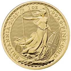 Minca Britannia 1 oz, ročník 2025 je vyrazená Britskou kráľovskou mincovňou z 1 unce 99,99% rýdzeho zlata. Ženská postava v brnení je symbolom vlastenectva krajiny. Motív je obklopený nápismi "Britannia 2025" a "1 OZ 9999 FINE GOLD". Zlatú mincu Britannia vydáva Britská kráľovská mincovňa od roku 1987.
Minca obsahuje inovatívnu bezpečnostnú technológiu, ktorá z nej robí vizuálne najbezpečnejšiu zlatú mincu na svete. Vyobrazenie Britannie od Philipa Nathana, vyrazené z rýdzeho zlata 999,9 a vylepšené štyrmi bezpečnostnými prvkami, je na tejto zlatej minci také krásne ako kedykoľvek predtým.
V ľavej dolnej časti návrhu, pod splývavými šatami Britannie, predstavuje trojzubec jej námornú históriu a silu. Keď pozorovateľ zmení perspektívu, tento trojzubec sa stane visiacim zámkom, ktorý zdôrazňuje bezpečnú povahu mince. Povrchová animácia odráža pohyb vĺn a jemné detaily, ako napríklad vlajka Únie na štíte Britannie, boli starostlivo zvýraznené v tejto zlatej povrchovej úprave mince. Tieto pridané bezpečnostné prvky zdobia a chránia mincu, rovnako ako mikrotext, ktorý lemuje dizajn, uvádza – „Decus et Tutamen“, čo v preklade znamená „Ozdoba a ochrana“.
Zlatá minca sa dodáva voľne.