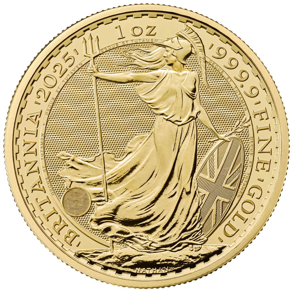 Minca Britannia 1 oz, ročník 2025 je vyrazená Britskou kráľovskou mincovňou z 1 unce 99,99% rýdzeho zlata. Ženská postava v brnení je symbolom vlastenectva krajiny. Motív je obklopený nápismi "Britannia 2025" a "1 OZ 9999 FINE GOLD". Zlatú mincu Britannia vydáva Britská kráľovská mincovňa od roku 1987.
Minca obsahuje inovatívnu bezpečnostnú technológiu, ktorá z nej robí vizuálne najbezpečnejšiu zlatú mincu na svete. Vyobrazenie Britannie od Philipa Nathana, vyrazené z rýdzeho zlata 999,9 a vylepšené štyrmi bezpečnostnými prvkami, je na tejto zlatej minci také krásne ako kedykoľvek predtým.
V ľavej dolnej časti návrhu, pod splývavými šatami Britannie, predstavuje trojzubec jej námornú históriu a silu. Keď pozorovateľ zmení perspektívu, tento trojzubec sa stane visiacim zámkom, ktorý zdôrazňuje bezpečnú povahu mince. Povrchová animácia odráža pohyb vĺn a jemné detaily, ako napríklad vlajka Únie na štíte Britannie, boli starostlivo zvýraznené v tejto zlatej povrchovej úprave mince. Tieto pridané bezpečnostné prvky zdobia a chránia mincu, rovnako ako mikrotext, ktorý lemuje dizajn, uvádza – „Decus et Tutamen“, čo v preklade znamená „Ozdoba a ochrana“.
Zlatá minca sa dodáva voľne.