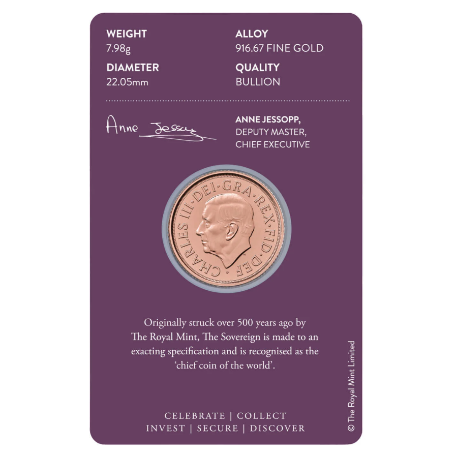 Britský "Panovník" v blistrovom balení.
The Royal Mint vyrazila novú sériu svojich prestížnych zlatých mincí Sovereign, ročník 2024.
The Sovereign, známy ako „hlavná minca sveta“, je vyrazený z 22 karátového zlata, ktorého presnosť je ručená na päť desatinných miest, čo z nej robí najprísnejšie špecifikovanú mincu na svete. Každá minca prešla prísnym procesom, aby sa zaistilo, že spĺňajú prísne normy The Royal Mint, aby investori mohli zbierať kvalitu s istotou.
Líc mince zdobí korunovaný portrét Jeho Veličenstva kráľa Karola III. Zadná strana predstavuje návrat ku klasickému dizajnu Benedetta Pistrucciho – svätého Juraja a draka, ktorý je synonymom pre mincu s názvom "sovereign - panovník".
 
Kľúčové body:
-          Vyrazené z 22 karátového zlata
-