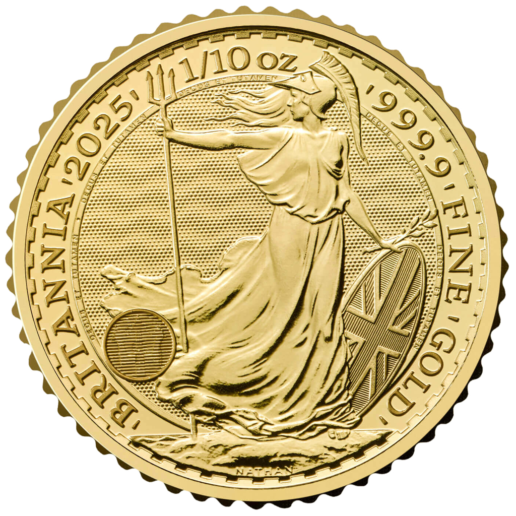 Minca Britannia 1/10oz, ročník 2025 je vyrazená Britskou kráľovskou mincovňou z 1/10 unce 99,99% rýdzeho zlata. Ženská postava v brnení je symbolom vlastenectva krajiny. Motív je obklopený nápismi "Britannia 2025" a "1/10 OZ 9999 FINE GOLD". Zlatú mincu Britannia vydáva Britská kráľovská mincovňa od roku 1987.
Minca obsahuje inovatívnu bezpečnostnú technológiu, ktorá z nej robí vizuálne najbezpečnejšiu zlatú mincu na svete. Vyobrazenie Britannie od Philipa Nathana, vyrazené z rýdzeho zlata 999,9 a vylepšené štyrmi bezpečnostnými prvkami, je na tejto zlatej minci také krásne ako kedykoľvek predtým.
V ľavej dolnej časti návrhu, pod splývavými šatami Britannie, predstavuje trojzubec jej námornú históriu a silu. Keď pozorovateľ zmení perspektívu, tento trojzubec sa stane visiacim zámkom, ktorý zdôrazňuje bezpečnú povahu mince. Povrchová animácia odráža pohyb vĺn a jemné detaily, ako napríklad vlajka Únie na štíte Britannie, boli starostlivo zvýraznené v tejto zlatej povrchovej úprave mince. Tieto pridané bezpečnostné prvky zdobia a chránia mincu, rovnako ako mikrotext, ktorý lemuje dizajn, uvádza – „Decus et Tutamen“, čo v preklade znamená „Ozdoba a ochrana“.
Zlatá minca sa dodáva voľne.