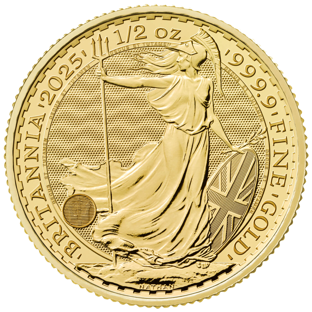 Minca Britannia 1/2 oz, ročník 2025 je vyrazená Britskou kráľovskou mincovňou z 1/2 unce 99,99% rýdzeho zlata. Ženská postava v brnení je symbolom vlastenectva krajiny. Motív je obklopený nápismi "Britannia 2025" a "1/2 OZ 9999 FINE GOLD". Zlatú mincu Britannia vydáva Britská kráľovská mincovňa od roku 1987.
Minca obsahuje inovatívnu bezpečnostnú technológiu, ktorá z nej robí vizuálne najbezpečnejšiu zlatú mincu na svete. Vyobrazenie Britannie od Philipa Nathana, vyrazené z rýdzeho zlata 999,9 a vylepšené štyrmi bezpečnostnými prvkami, je na tejto zlatej minci také krásne ako kedykoľvek predtým.
V ľavej dolnej časti návrhu, pod splývavými šatami Britannie, predstavuje trojzubec jej námornú históriu a silu. Keď pozorovateľ zmení perspektívu, tento trojzubec sa stane visiacim zámkom, ktorý zdôrazňuje bezpečnú povahu mince. Povrchová animácia odráža pohyb vĺn a jemné detaily, ako napríklad vlajka Únie na štíte Britannie, boli starostlivo zvýraznené v tejto zlatej povrchovej úprave mince. Tieto pridané bezpečnostné prvky zdobia a chránia mincu, rovnako ako mikrotext, ktorý lemuje dizajn, uvádza – „Decus et Tutamen“, čo v preklade znamená „Ozdoba a ochrana“.
Zlatá minca sa dodáva voľne.