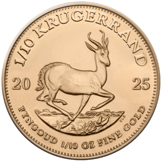 Krugerrand sa považuje nielen za absolútnu klasiku medzi zlatými mincami, ale aj za nadčasový symbol charakteristického dedičstva Južnej Afriky.
Ikonická zlatá minca z Južnej Afriky bola prvýkrát vydaná v roku 1967 a v roku 2017 oslávila svoje 50. výročie. Vydanie 2025 vyrazila juhoafrická mincovňa z 1/10 unce zlata v UNC kvalite.
Rubová strana tradične zobrazuje profil prvého prezidenta Juhoafrickej republiky z rokov 1882-1902 Paula Krugera. Na druhej strane mince je vyobrazená antilopa, zviera, ktoré vytvára veľké stáda na suchých nížinách v južnej Afrike. Je to jedinečný motív každej mince Krugerrand.
Zlaté mince sa dodávajú voľne bez obalu.
