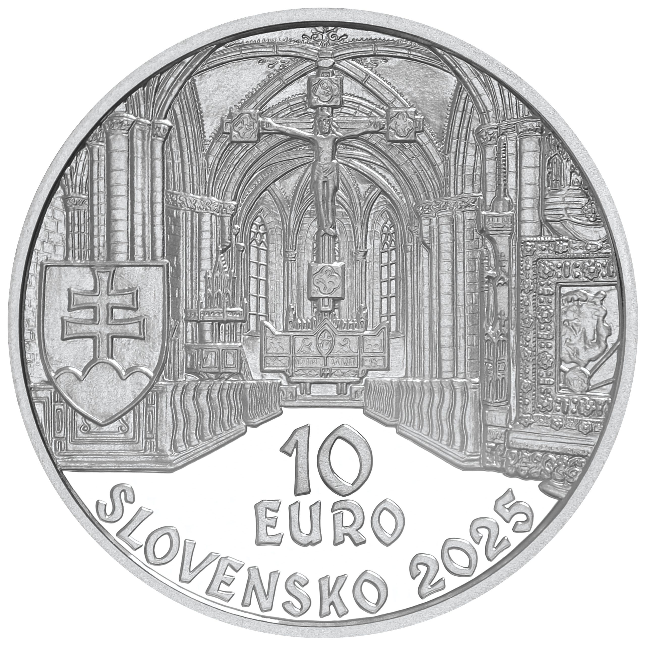950. výročie založenia benediktínskeho opátstva v Hronskom Beňadiku
Strieborná zberateľská eurominca v nominálnej hodnote 10 eurBenediktínsky kláštor v Hronskom Beňadiku tvorí súbor opevnených sakrálnych stavieb. V roku 1075 ho dal postaviť uhorský kráľ Gejza I., ktorého cieľom bolo vybudovať vplyvnú cirkevnú inštitúciu známu naprieč Uhorskom. Po celé obdobie vrcholného feudalizmu bolo opátstvo sv. Benedikta vzorom pri výučbe obrábania pôdy a zušľachťovaní poľnohospodárskych kultúr, no benediktíni boli odborníkmi aj v metalurgii a staviteľstve. Dôležitosť a nezastupiteľná úloha kláštora vo feudálnej spoločnosti vyplývala z jeho pôsobenia ako tzv. hodnoverného miesta (locus credibilis), ktoré plnilo funkciu notariátu. Benediktínsky kláštor je možným miestom vzniku Nitrianskeho evanjeliára. Ide o najstaršiu knihu v rámci Slovenska. Kláštorný komplex, ktorý predstavuje symbiózu jednotlivých stavebných slohov od gotiky cez renesanciu po barok a ešte i dnes pôsobí ako strážca križovatky ciest, bol 24. apríla 1970 zaradený do zoznamu národných kultúrnych pamiatok.