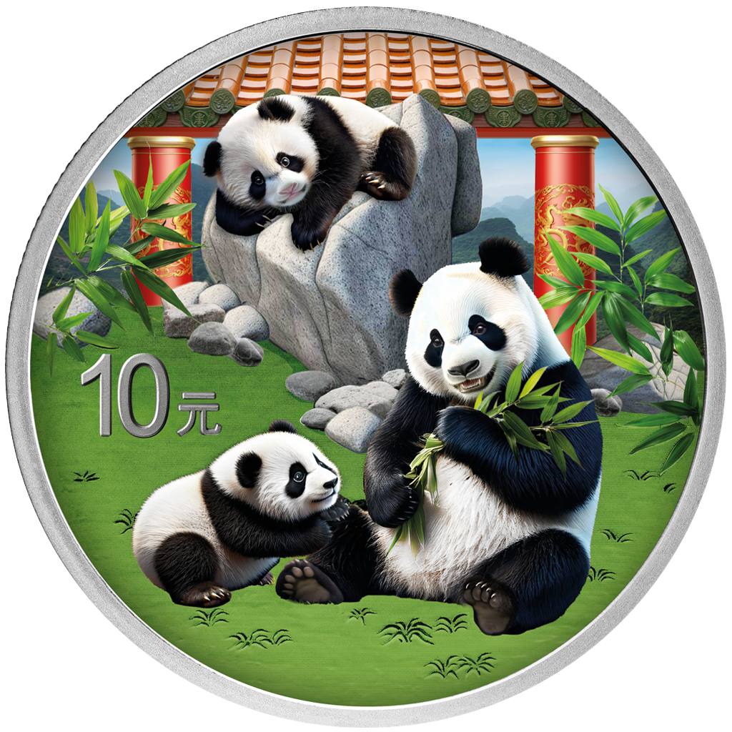 Čínska panda je nepochybne jednou z najpopulárnejších a najlegendárnejších investičných zlatých mincí vôbec.Vďaka každoročne sa meniacim motívom sú čínske mince Panda veľmi populárne medzi investormi a zberateľmi.
Motívom mince roku 2025 zobrazuje pandu s mláďaťom. V pozadí je vidieť ďalšie mláďa, ako lezie na skalu. Bambusové vetvy rámujú tri medvede pandy a odkazujú na ich prirodzené prostredie a stravu.
Na rube je každoročne identický obraz slávneho Nebeského chrámu v Pekingu. Národný symbol Číny je súčasťou svetového dedičstva UNESCO od roku 1998. Panda veľká, ktorá pochádza z Číny, je považovaná za symbol šťastia a všeobecne znamená harmóniu a trpezlivosť.
Strieborné mince Panda od Čínskej ľudovej banky sa dodávajú v plastovej kapsule.
Mince boli zafarbené inovatívnou farebnou technikou a sú dodávané v kapsuli vrátane produktovej karty.