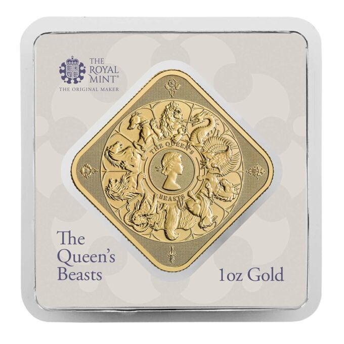 231403-queens-beasts-completer_1oz_gold_bar_1-jpg Zlatá zberateľská minca Royal Mint Queen´s Beasts Completer, 1 Oz (31,21 g) zlata rýdzosti 999,9/1000, nominálna hodnota 100 GBP, proof prevedenie, ročník 2021 - motív spája všetkých desať kráľovských heraldických zvierat.