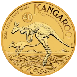 Zlatá investičná minca Kangaroo (Klokan), 1/10 Oz (3,11 g) zlata rýdzosti 999,9/1000, nominálna hodnota 15 AUD, ročník 2026.