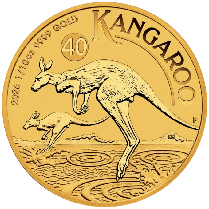 Zlatá investičná minca Kangaroo (Klokan), 1/10 Oz (3,11 g) zlata rýdzosti 999,9/1000, nominálna hodnota 15 AUD, ročník 2026.