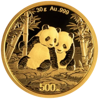 Zlatá investičná minca Panda 30 g, rýdzosť zlata 999,9/1000, ročník 2026. Motív pandy sa každý rok mení.