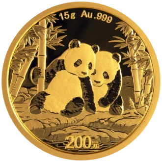 Zlatá investičná minca Panda 15 g, rýdzosť zlata 999,9/1000, ročník 2026. Motív pandy sa každý rok mení.