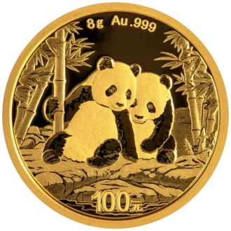 Zlatá investičná minca Panda 8 g, rýdzosť zlata 999,9/1000, ročník 2026. Motív pandy sa každý rok mení.