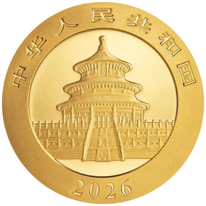 Zlatá investičná minca Panda 3 g, rýdzosť zlata 999,9/1000, ročník 2026. Motív pandy sa každý rok mení.