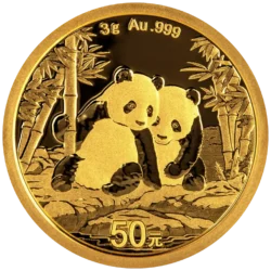 Zlatá investičná minca Panda 3 g, rýdzosť zlata 999,9/1000, ročník 2026. Motív pandy sa každý rok mení.