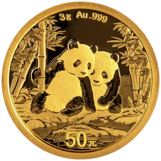 Zlatá investičná minca Panda 3 g, rýdzosť zlata 999,9/1000, ročník 2026. Motív pandy sa každý rok mení.