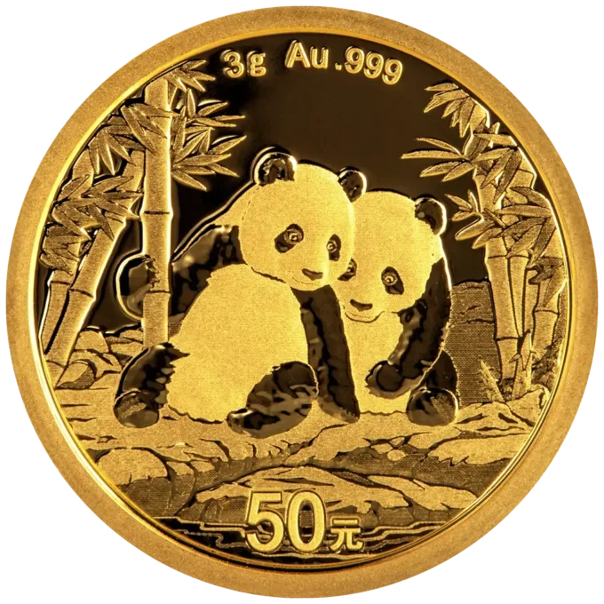Zlatá investičná minca Panda 3 g, rýdzosť zlata 999,9/1000, ročník 2026. Motív pandy sa každý rok mení.