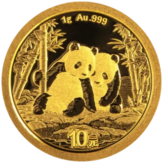 Zlatá investičná minca Panda 1 g, rýdzosť zlata 999,9/1000, ročník 2026. Motív pandy sa každý rok mení.
