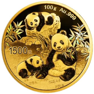 Zlatá investičná minca Panda 100 g, rýdzosť zlata 999,9/1000, ročník 2025. Motív pandy sa každý rok mení.