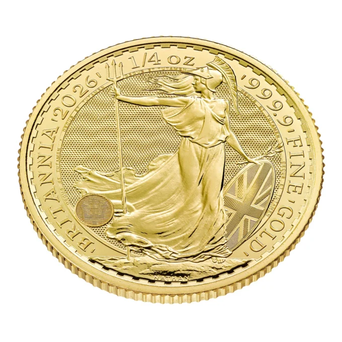 506504-britannia_2026_1-4_oz_gold_coin_3-webp Minca Britannia 1/4 oz, ročník 2026 je vyrazená Britskou kráľovskou mincovňou z 1/4 unce 99,99% rýdzeho zlata.