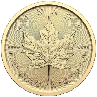 Zlatá investičná minca Maple Leaf, 1/2 Oz (15,55 g), rýdzosť 999,9/1000, nominálna hodnota 20 CAD, ročník 2026, Kanadská kráľovská mincovňa.