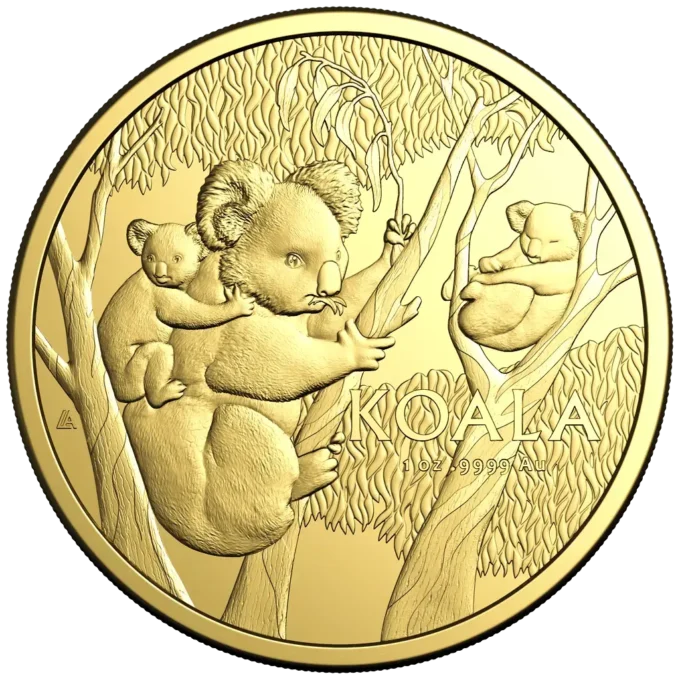 Prémiová zlatá minca Koala je vyrazená Kráľovskou austrálskou mincovňou z 99,99 % rýdzeho zlata.