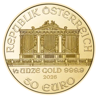 Zlatá investičná minca Wiener Philharmoniker, 1/2 Oz (15,55 g), rýdzosť 999,9/1000, nominálna hodnota 50 €, ročník 2026.