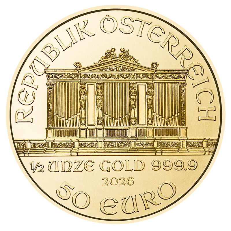 Najpredávanejšia zlatá investičná minca v Európe.
Skutočná klasika – Zlaté Investičné mince „Viedenská filharmónia“, ktoré boli vydané prvýkrát v roku 1989, a odvtedy patria k najvyhľadávanejším zlatým minciam na celom svete.
Emisiu roku 2026&nbsp;vyrazila rakúska mincovňa z 1/2 unce 99,99% čistého zlata.
Ikonická minca „Viedenská filharmónia“ má rovnaký motív od svojho vzniku a predstavuje niekoľko nástrojov viedenského orchestra – viedenský roh, violončelo, harfu, fagot a husle. Na lícnej strane je umiestnený slávny píšťalový organ zo zlatej sály viedenského Musikvereinu, ktorý je uznávaný po celom svete ako pozadie novoročných koncertov filharmónie.
Zlatá minca sa dodáva voľne bez balenia.