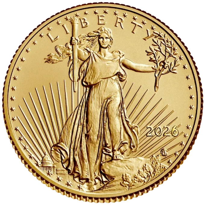239536-american_eagle_2026_gold_coin_1-10oz_1-webp Minca American Eagle 2026 je razená americkou mincovňou z jednej desatiny unce zlata v UNC kvalite.