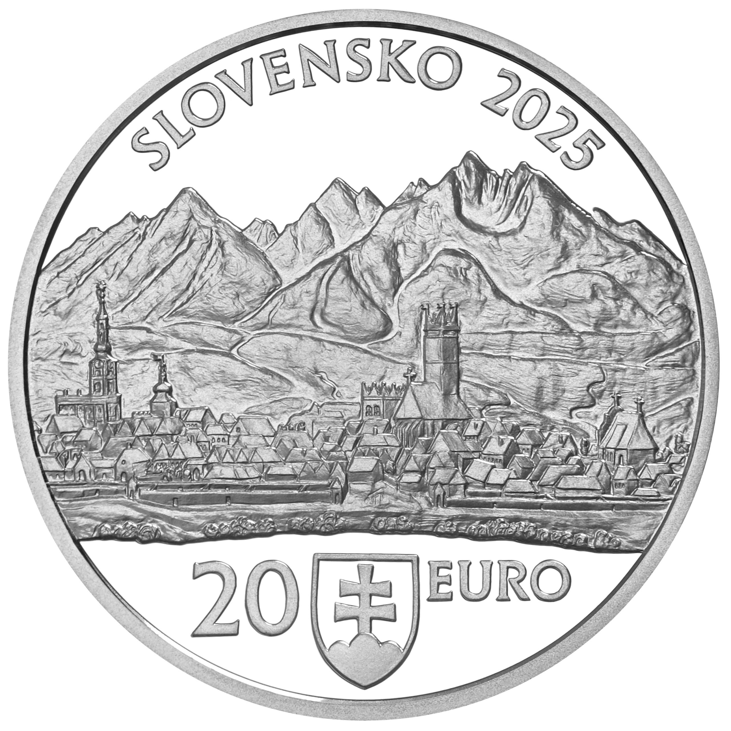 Pamiatková rezervácia Kežmarok
Strieborná zberateľská eurominca v nominálnej hodnote 20 eurMesto Kežmarok leží v Popradskej kotline, chránené Vysokými a Belianskymi Tatrami. Vzniklo na križovatke obchodných ciest. V roku 1269 získalo mestské práva od kráľa Bela IV. a v 14. storočí bolo opevnené. Jeho vzhľad ovplyvnili požiare, výboje či rozšírenie mestských práv kráľom Žigmundom v 15. storočí, keď sa prestaval Kostol sv. Kríža, položili sa základy radnice, postavil sa nížinný hrad. V roku 1521 zhorelo asi 340 domov. Nasledovala ich obnova, ale i výstavba renesančnej zvonice a gymnázia. V 17. storočí postavili Kostol Navštívenia Panny Márie a meštianske domy už vytvárali radovú zástavbu. Obdobie baroka obohatilo mesto o drevený evanjelický kostol, lýceum s knižnicou, redutu i upravenú radnicu a v roku 1892 postavili dominantný Nový evanjelický kostol. Historické jadro Kežmarku s areálom hradu, súborom evanjelických kostolov a lýceom bolo v roku 1950 pre mimoriadnu pamiatkovú hodnotu vyhlásené za mestskú pamiatkovú rezerváciu, ktorá je dokladom vývoja mesta od stredoveku po 20. storočie.