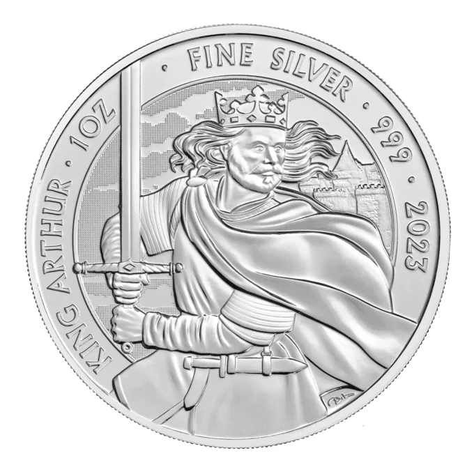 Strieborná zberateľská minca Royal Mint zo série Mýty a legendy venovaná kráľovi Artušovi, 1 Oz (31,1 g) striebra rýdzosti 999/1000, ročník 2023.