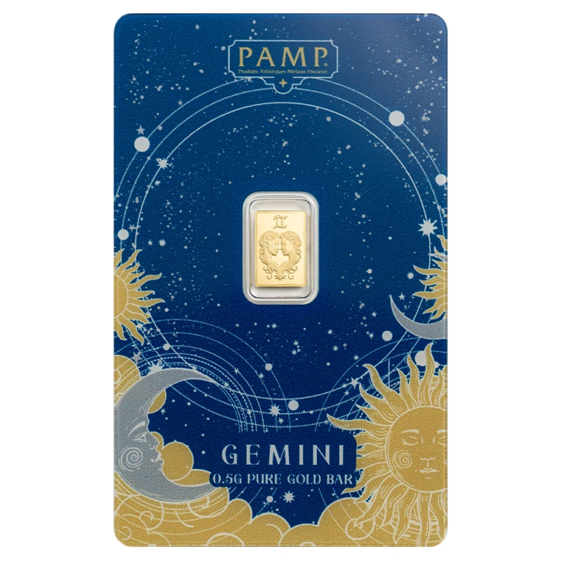 197154-pamp_zodiac_gemini_gold_bar_0-5g_1-webp Zlatá investičná tehla. Blíženci (21. máj - 20. jún) sú tretím znamením zverokruhu a symbolizujú zvedavosť, komunikáciu a všestrannosť.