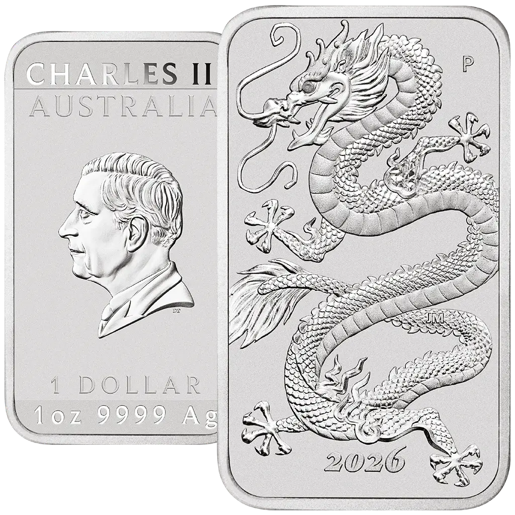 215748-rectangular-dragon_2026_silver_coin_1oz_3-webp Deviaty ročník vydania mincovne Perth venovaný obdĺžnikovému čínskemu drakovi je tu!
V čínskej kultúre je drak uctievaný ako božské mýtické stvorenie, symbol moci, sily, bohatstva, šťastia, a často je zobrazovaný po boku svetielkujúcej alebo horiacej perly, symbolu múdrosti a osvietenia. Verí sa tiež, že draci sú vládcovia vody a počasia.
Motív zobrazuje detailný obraz draka s otvorenými pazúrmi. Súčasťou návrhu je aj značka mincovne Perth Mint „P“ a rok vydania „2026“. Rubovú stranu zdobí portrét kráľa Karola III. od Dana Thorna a nápisy „1 DOLLAR“ a „1oz 9999 Ag“.
Obdĺžniková strieborná minca „Dragon“ je aj tento rok limitovaná na počet 250 000 kusov. Balené po 20 ks/tuba.
