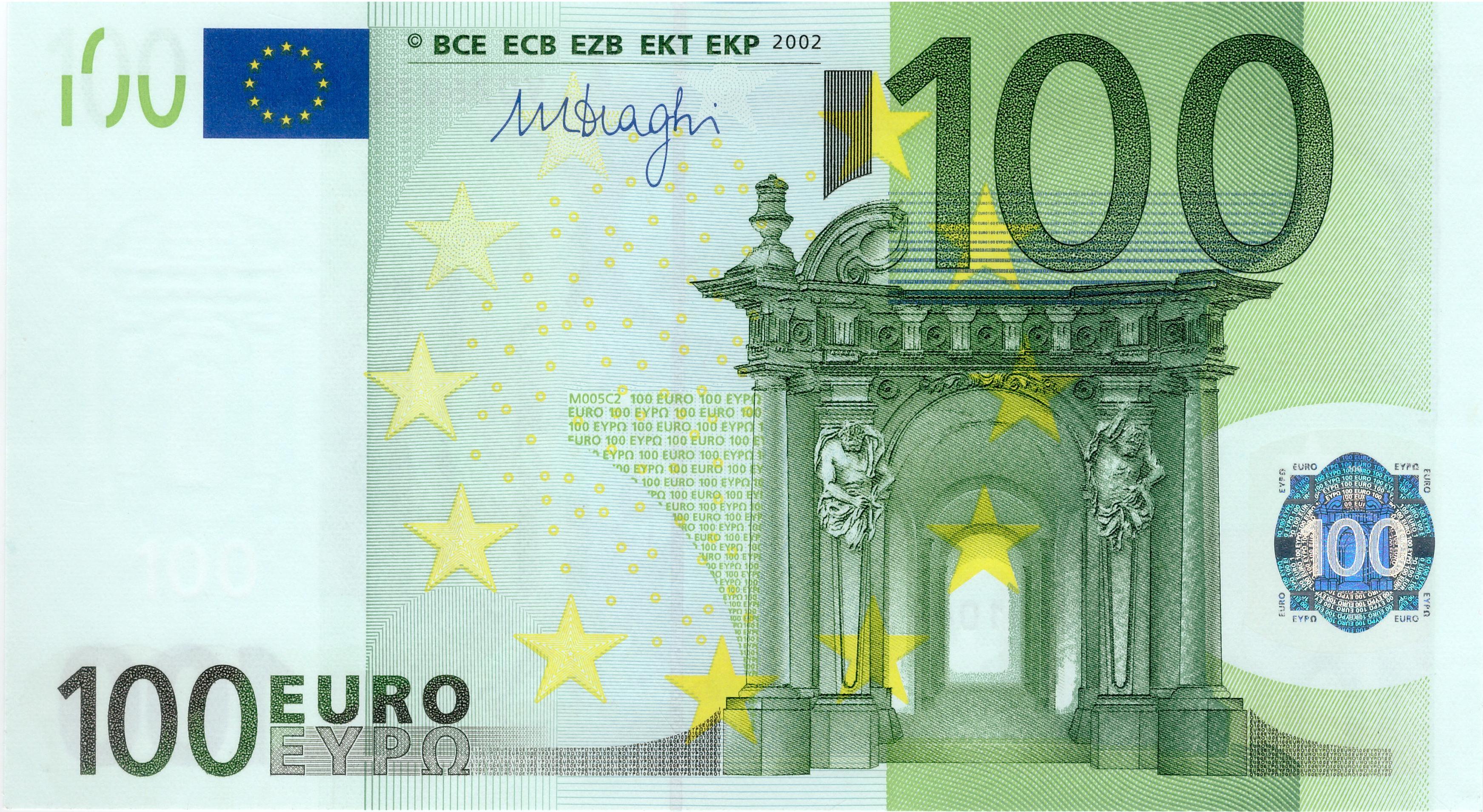 100 EURO, 2002, Séria "V", Španielsko
Tlačová doska: M005C2
Podpis: Mario Draghi,
Stav: UNC