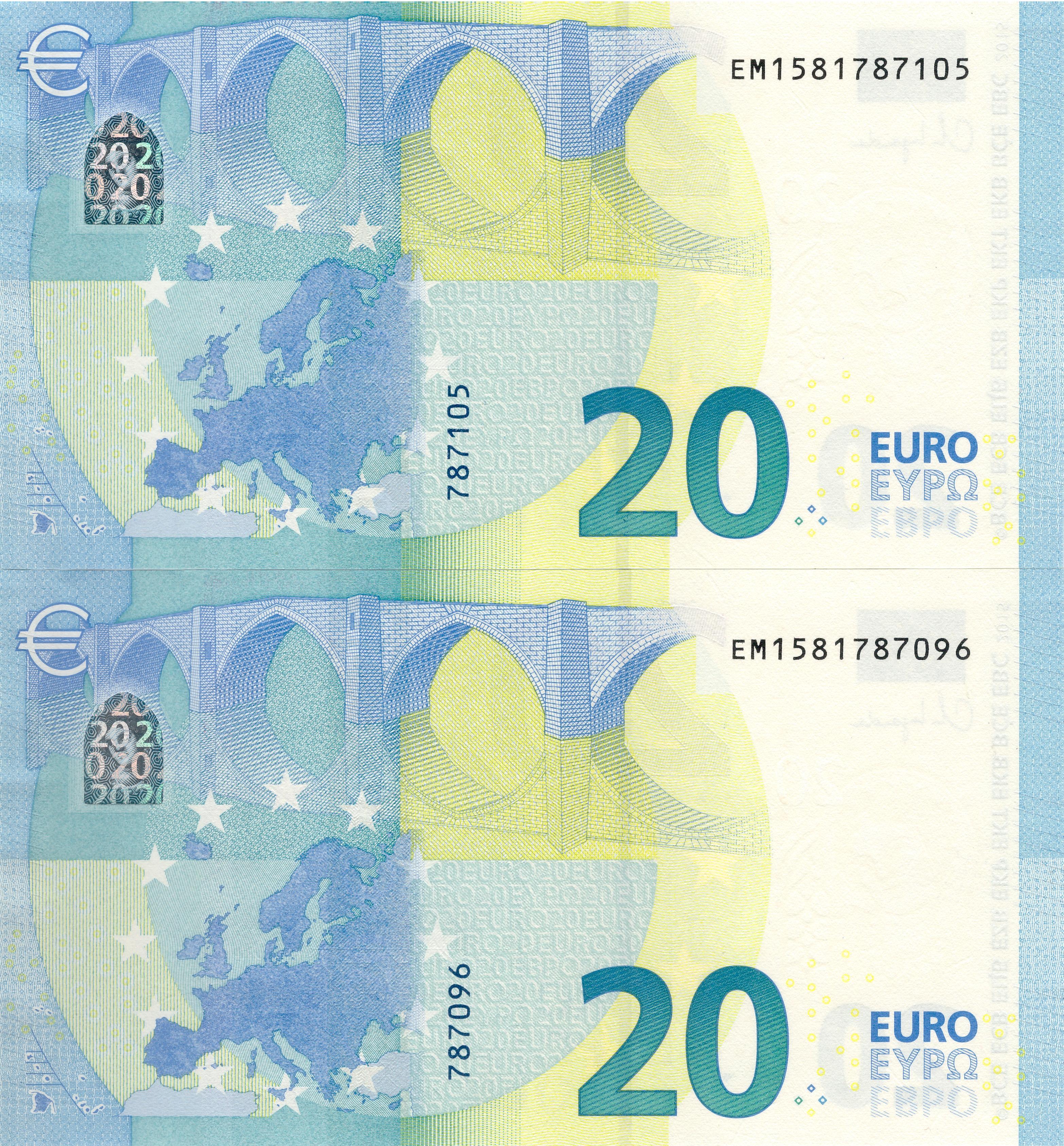 2217822-bankovka_20_eur_banknote_em1581787096-em1581787105_2-jpg 2 x 20 EURO, 2015, Séria "E", Francúzsko Tlačová doska: E010C6 Sériové čísla: EM1581787096 + EM1581787105 Podpis: Ch. Lagarde Stav: UNC POSTUPKA !