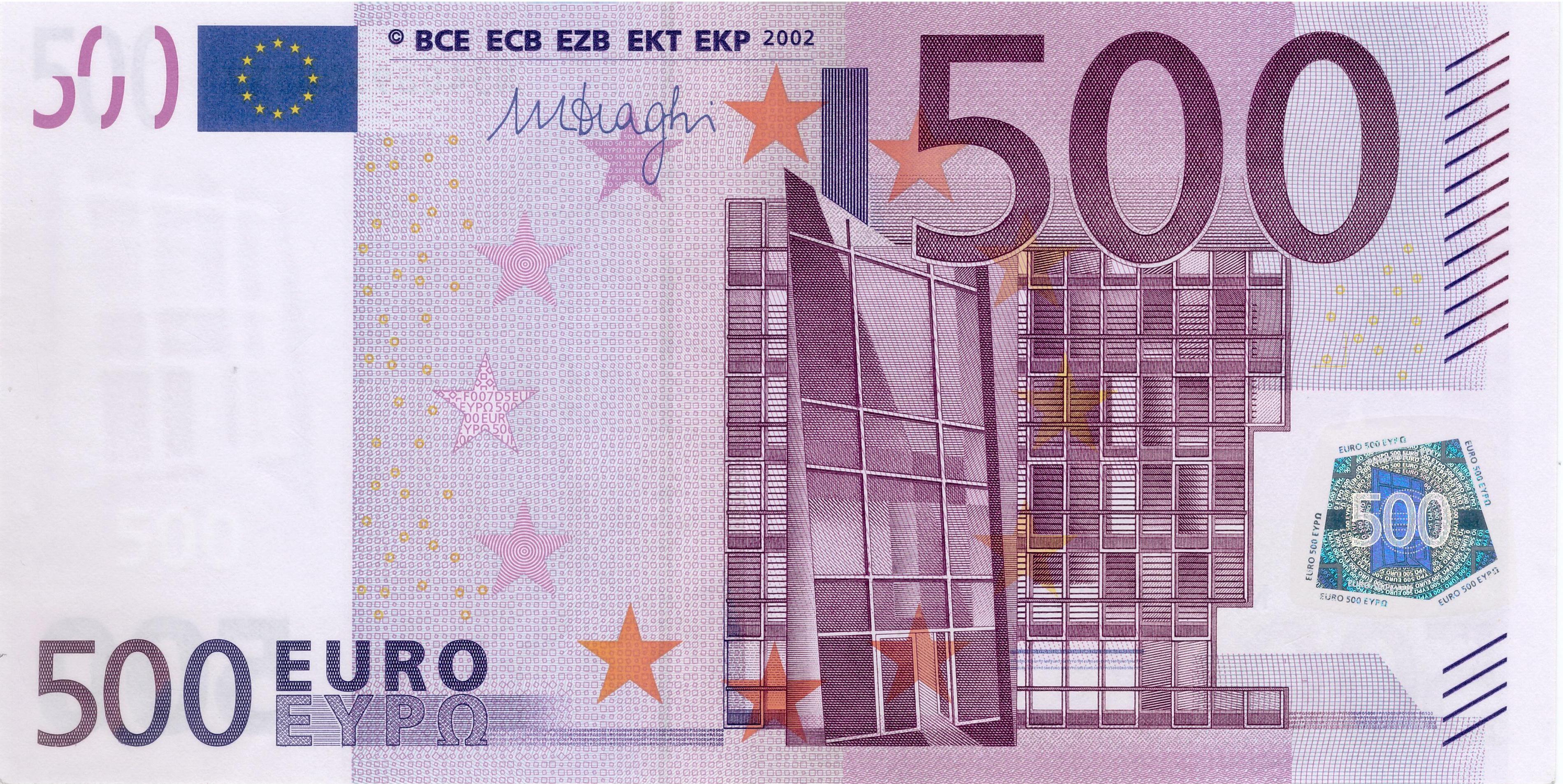 500 EURO, 2002, Séria "N", Rakúsko Tlačová doska:&nbsp;F007D5 Podpis: Mario Draghi Stav: UNC