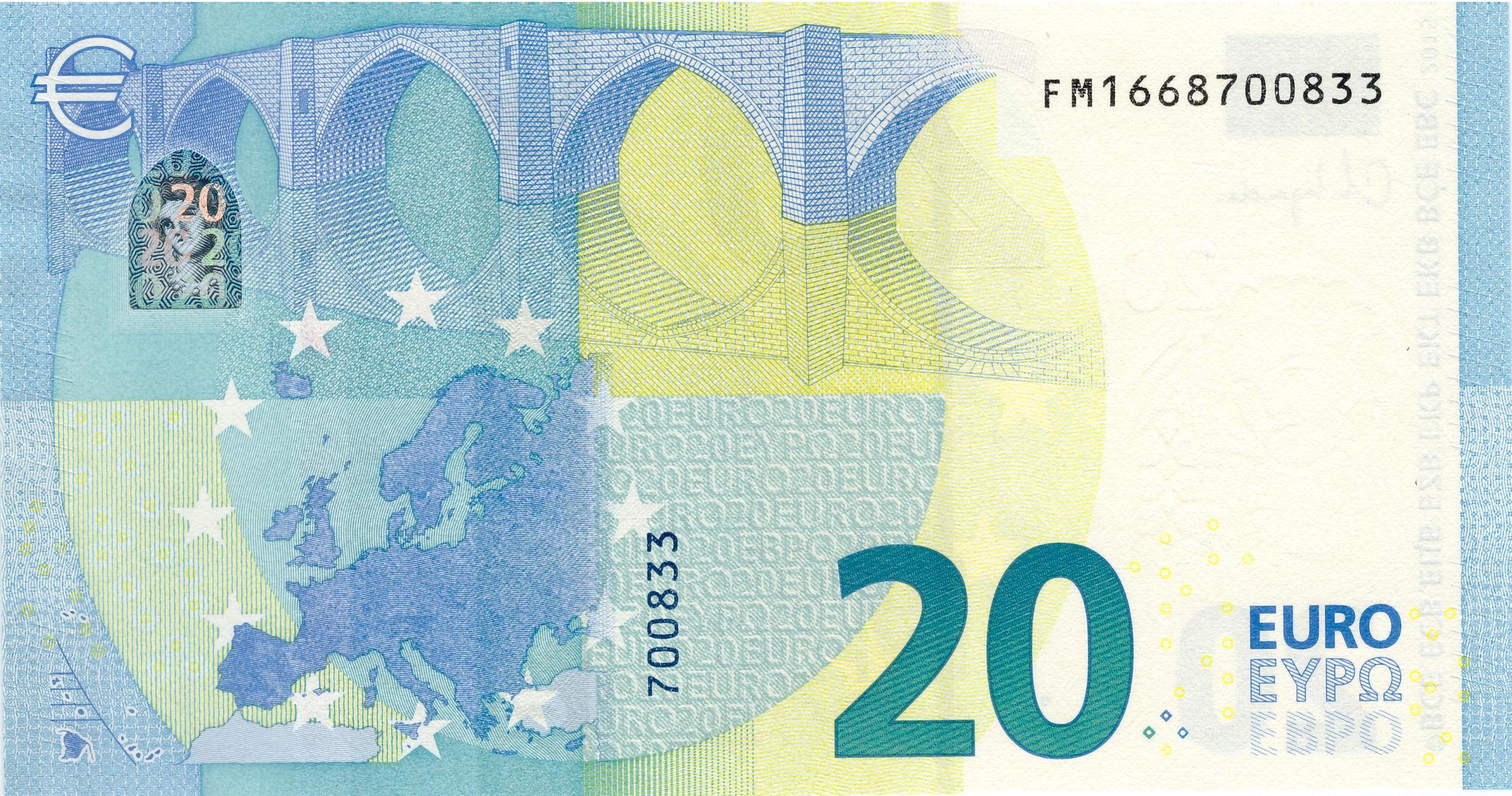 20 EURO, 2015, Séria "F", Bulharsko Tlačová doska: F002G4 Sériové čísla: FM1668700833 Podpis: Ch. Lagarde Stav: UNC &nbsp;