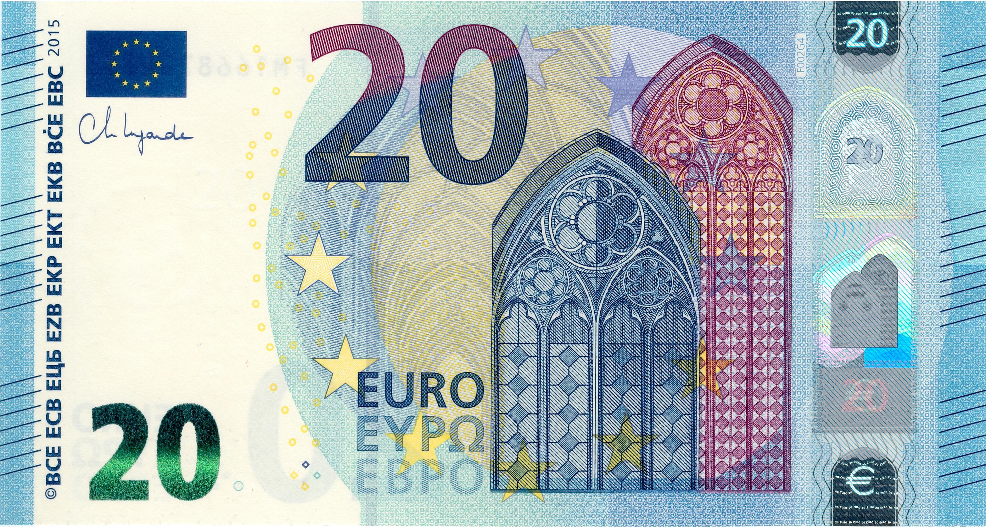 20 EURO, 2015, Séria "F", Bulharsko Tlačová doska: F002G4 Sériové čísla: FM1668700833 Podpis: Ch. Lagarde Stav: UNC &nbsp;