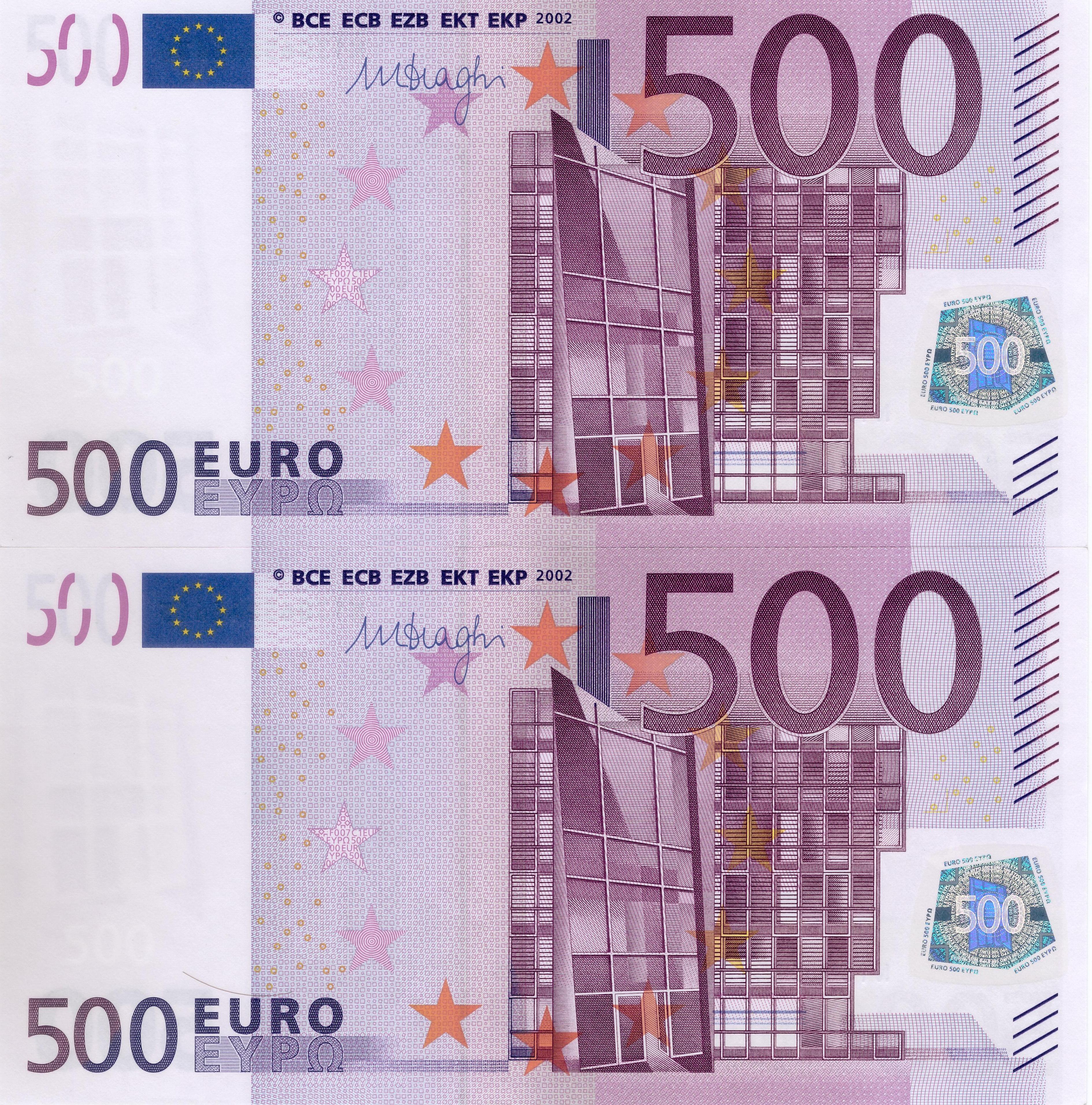 3261983-bankovka_500_eur_banknote_n13065846636-n13065846645_1-jpg 2 x 500 EURO, 2002, Séria "N", Rakúsko, Tlačová doska: F007C1, Sériové čísla: N13065846636 + N13065846645, Podpis: Mario Draghi, Stav: UNC, POSTUPKA !