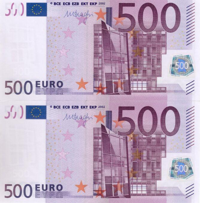 3237993-bankovka_500_eur_banknote_n13065846654-n13065846663_1-jpg 2 x 500 EURO, 2002, Séria "N", Rakúsko, Tlačová doska: F007C1, Sériové čísla: N13065846654 + N13065846663, Podpis: Mario Draghi, Stav: UNC, POSTUPKA !
