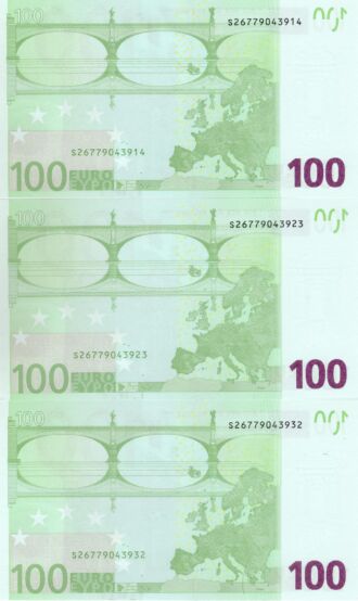 3 x 100 EURO, 2002, Séria "S", Taliansko, Tlačová doska: J034B3, Podpis: Jean-Claude Trichet, Stav: UNC, POSTUPKA!