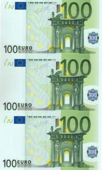 3 x 100 EURO, 2002, Séria "S", Taliansko, Tlačová doska: J034B3, Podpis: Jean-Claude Trichet, Stav: UNC, POSTUPKA!
